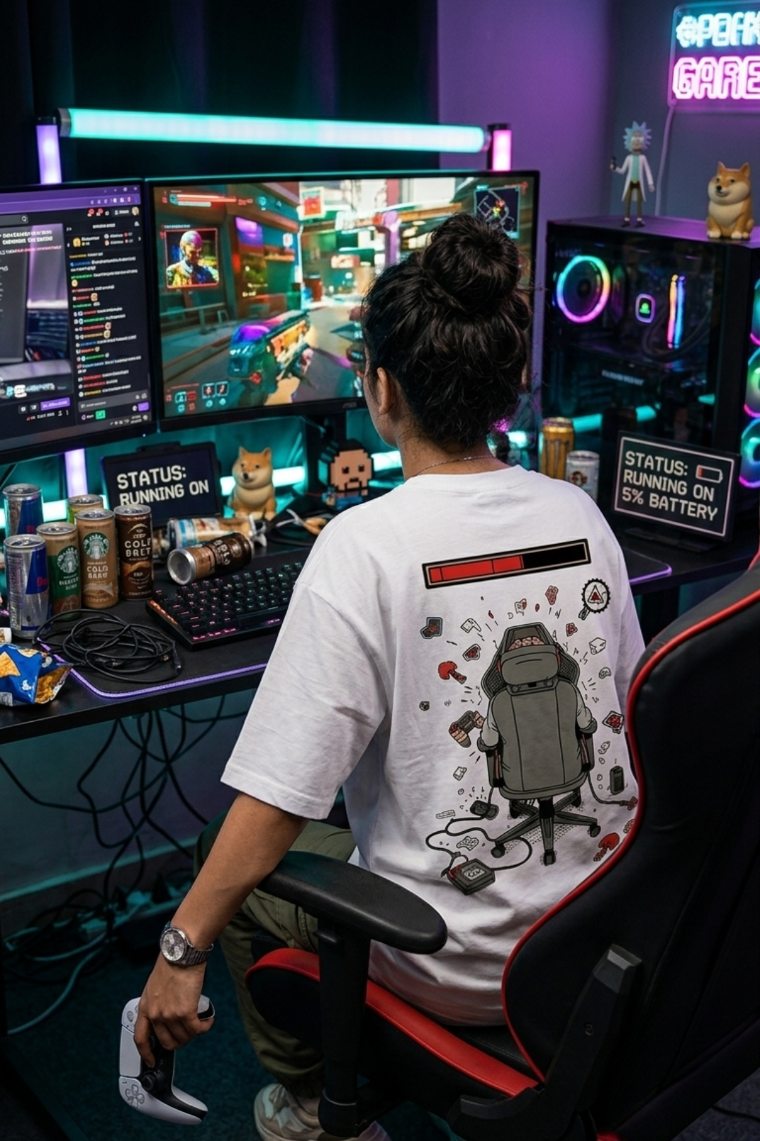 Person sitting at a gaming setup with multiple monitors, wearing a white t-shirt with a robot design.